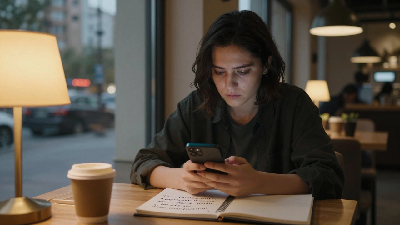 Человек в кафе смотрит на телефон, записывая советы по безопасному поиску интим-услуг в Астане.
