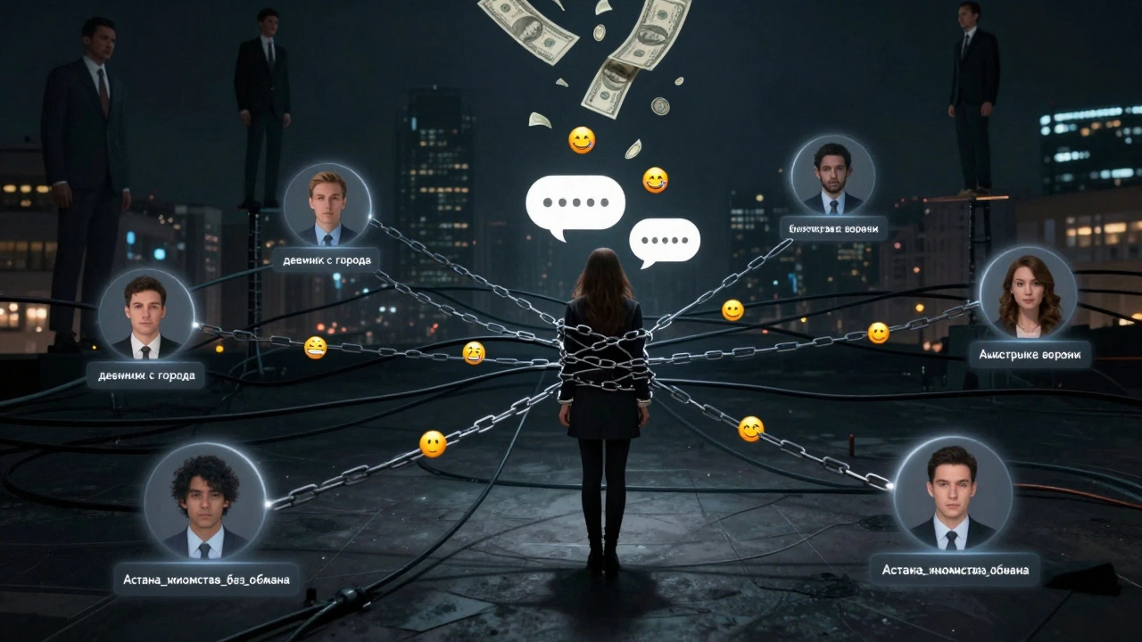 Цифровая сеть из анкет и денег, связанных с эксплуатацией женщин в соцсетях, одна женщина в центре в ловушке.