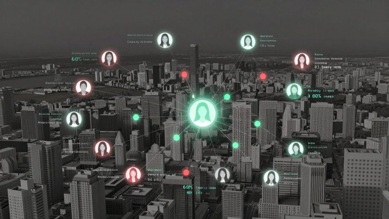 Цифровой алгоритм на карте Астаны показывает активные и заблокированные профили с метками вовлеченности.