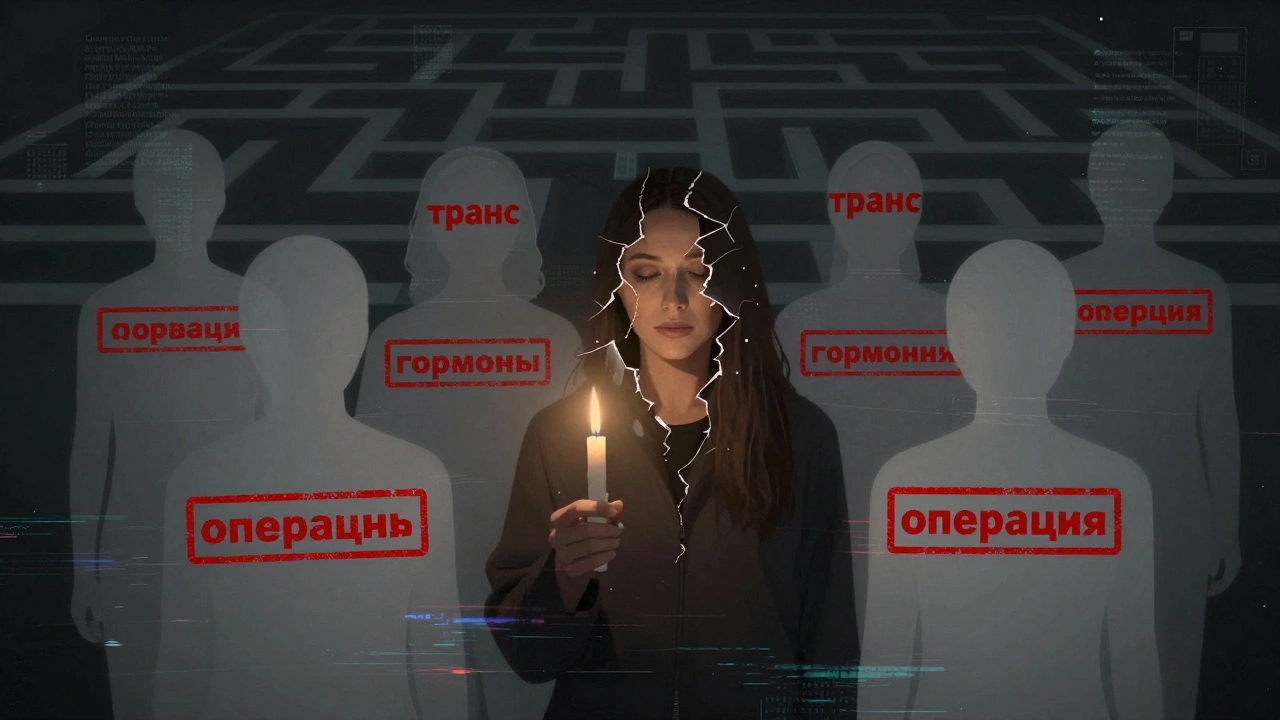 Цифровой лабиринт с блокированными профилями трансженщин, один из них пробивается сквозь запреты.