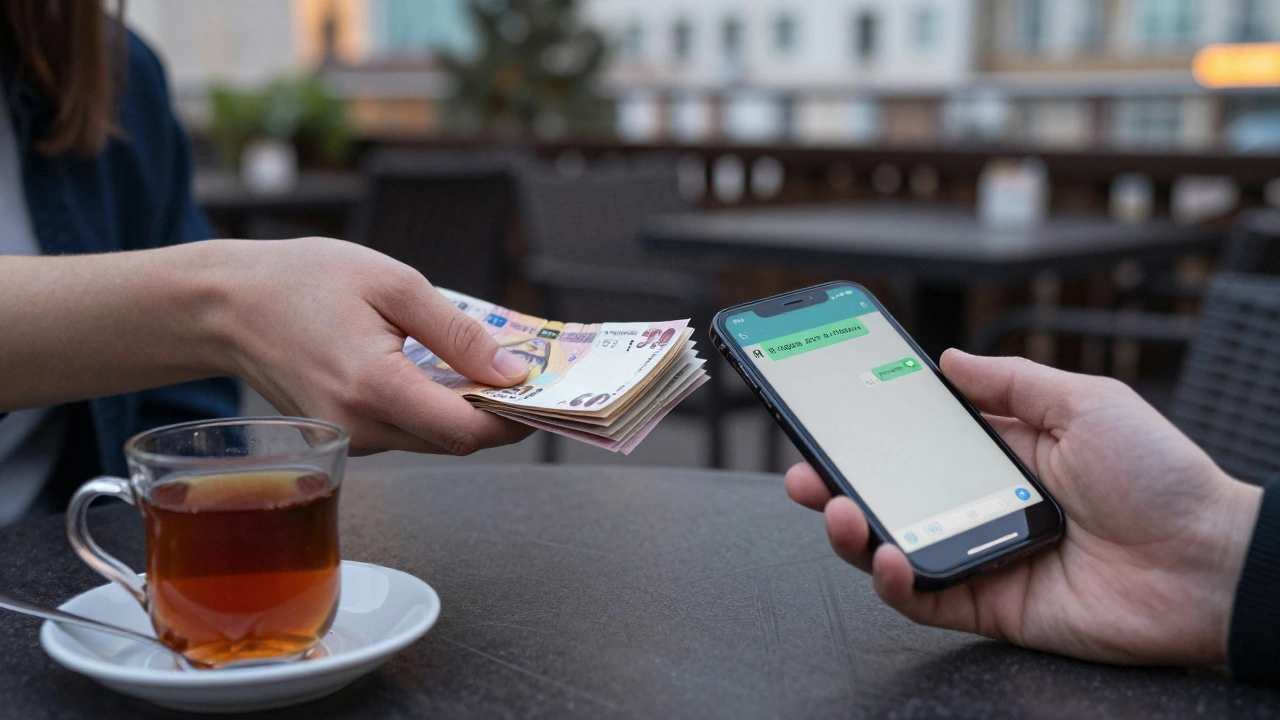 Две руки обмениваются наличными в кафе, на столе чашка чая и телефон с сообщением о безопасности, лица не видны, атмосфера спокойствия.