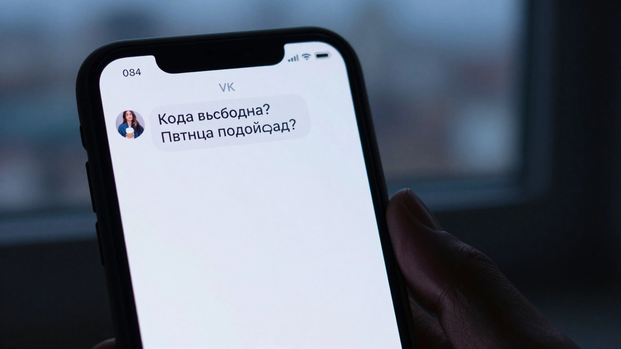 Экран телефона с частной перепиской в ВК: вопрос &#039;Когда свободна?&#039; рядом с фото женщины с кофе в повседневной одежде.