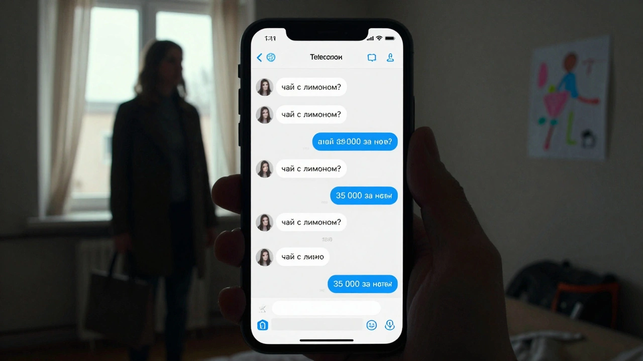 Экран телефона с Telegram-чатом, за которым — силуэт женщины у окна, на стене — рисунок ребенка.