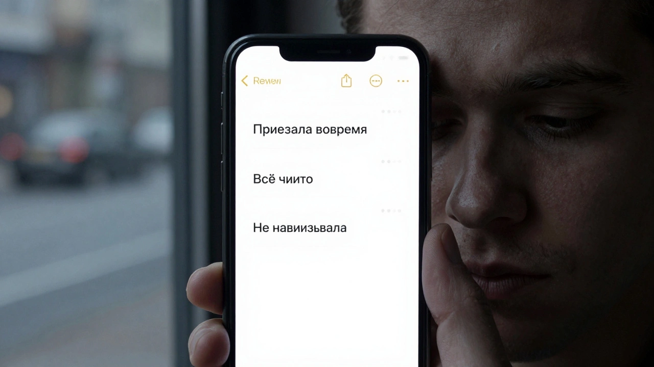 Экран телефона с тремя краткими отзывами о услуге в тусклом свете комнаты.