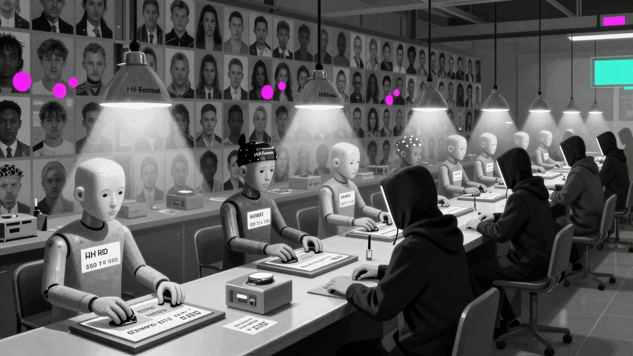 Фабричный конвейер с фейковыми профилями девушек, где лица и тела меняются как детали.