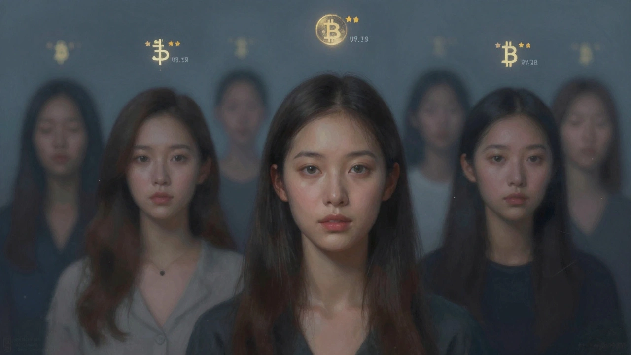 Искусственные лица генерируются ИИ, окружены криптовалютными транзакциями и рейтингами.