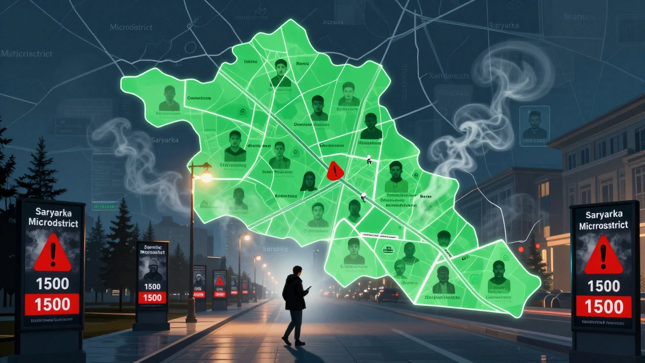 Карта Астаны с зонами безопасности и предупреждениями о мошенниках, человек идет по улице с телефоном, фейковые объявления тают в дыму.