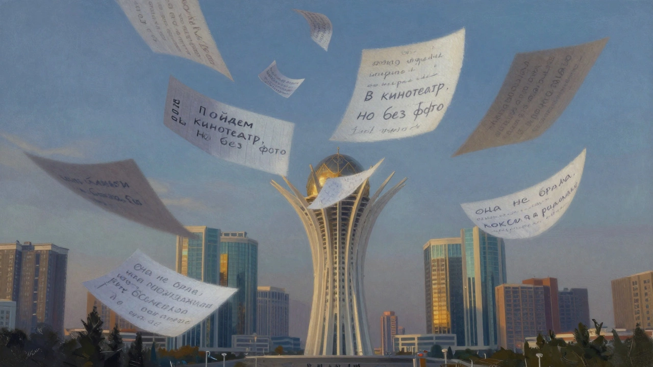 Плавающие в воздухе фразы на русском и казахском языках, символы честного общения без лиц и цен.