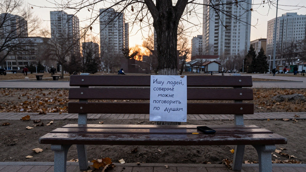 Пустая скамейка в парке с листовкой &#039;Ищу людей, с которыми можно поговорить по душам&#039; и брошенный телефон на фоне осеннего города.