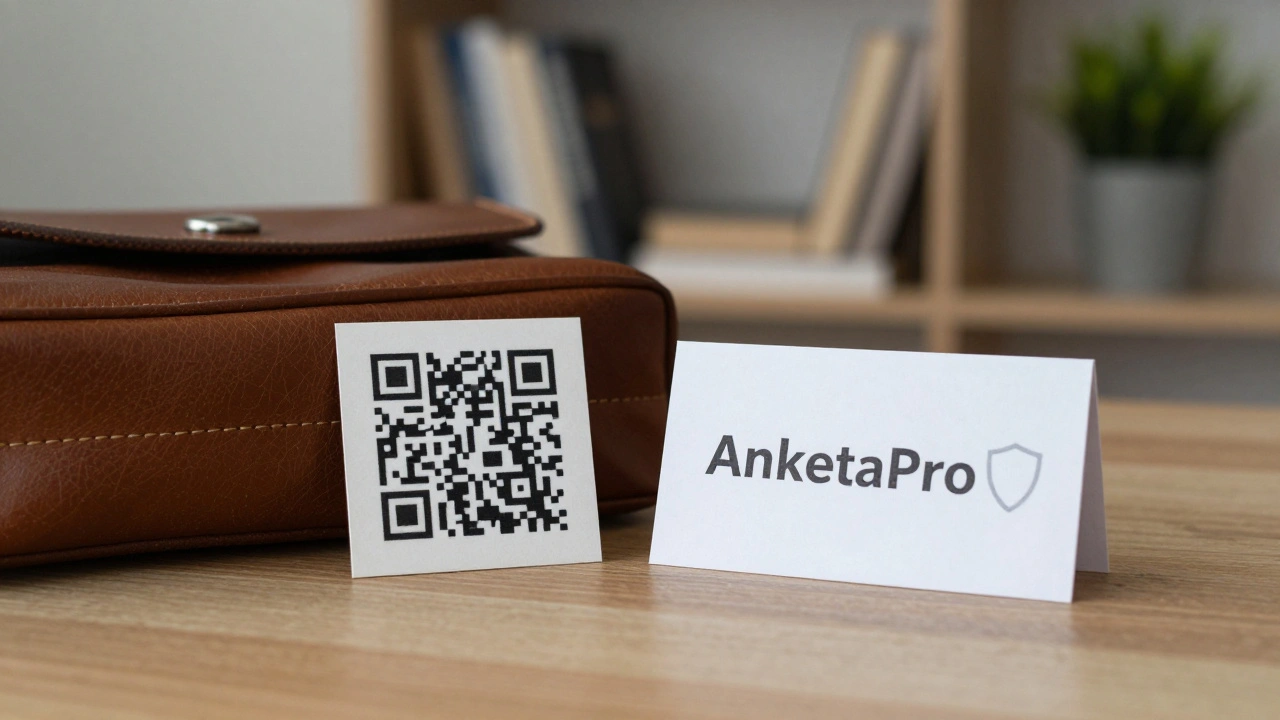 QR-код на столе рядом с сумкой и книгами, символ безопасности и цифрового контакта.