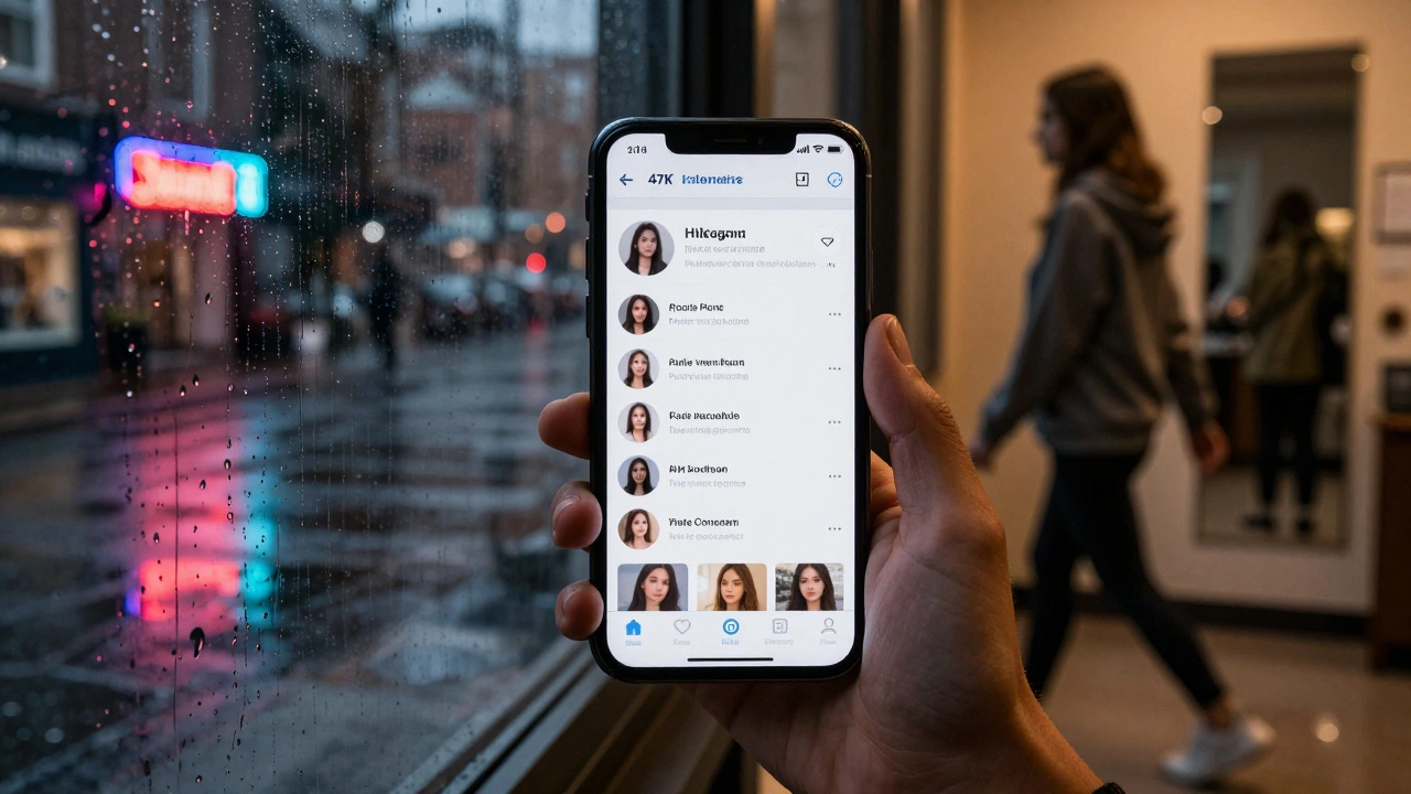 Рука держит телефон с Telegram-каналом, а в зеркале — краденое фото вместо реальной девушки.