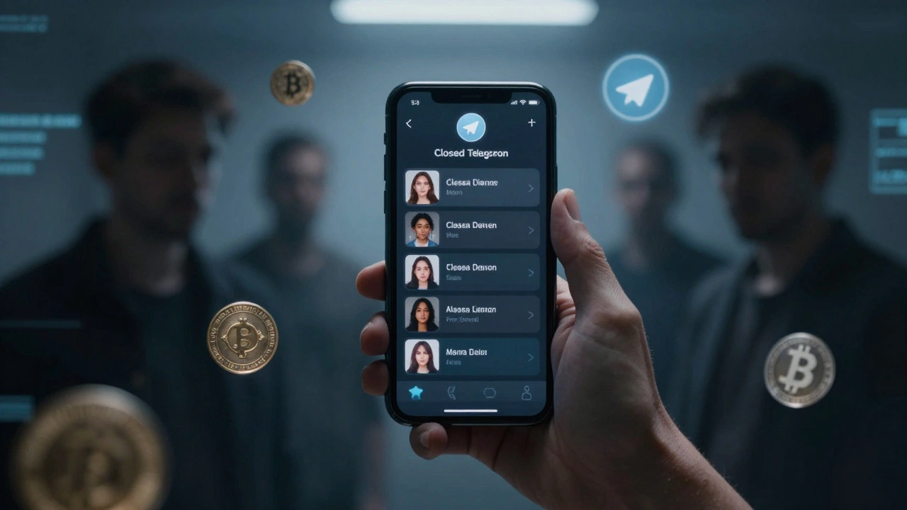 Рука держит телефон с закрытым Telegram-каналом, вокруг — тени мужчин и цифровые криптовалюты, без лиц и текста.