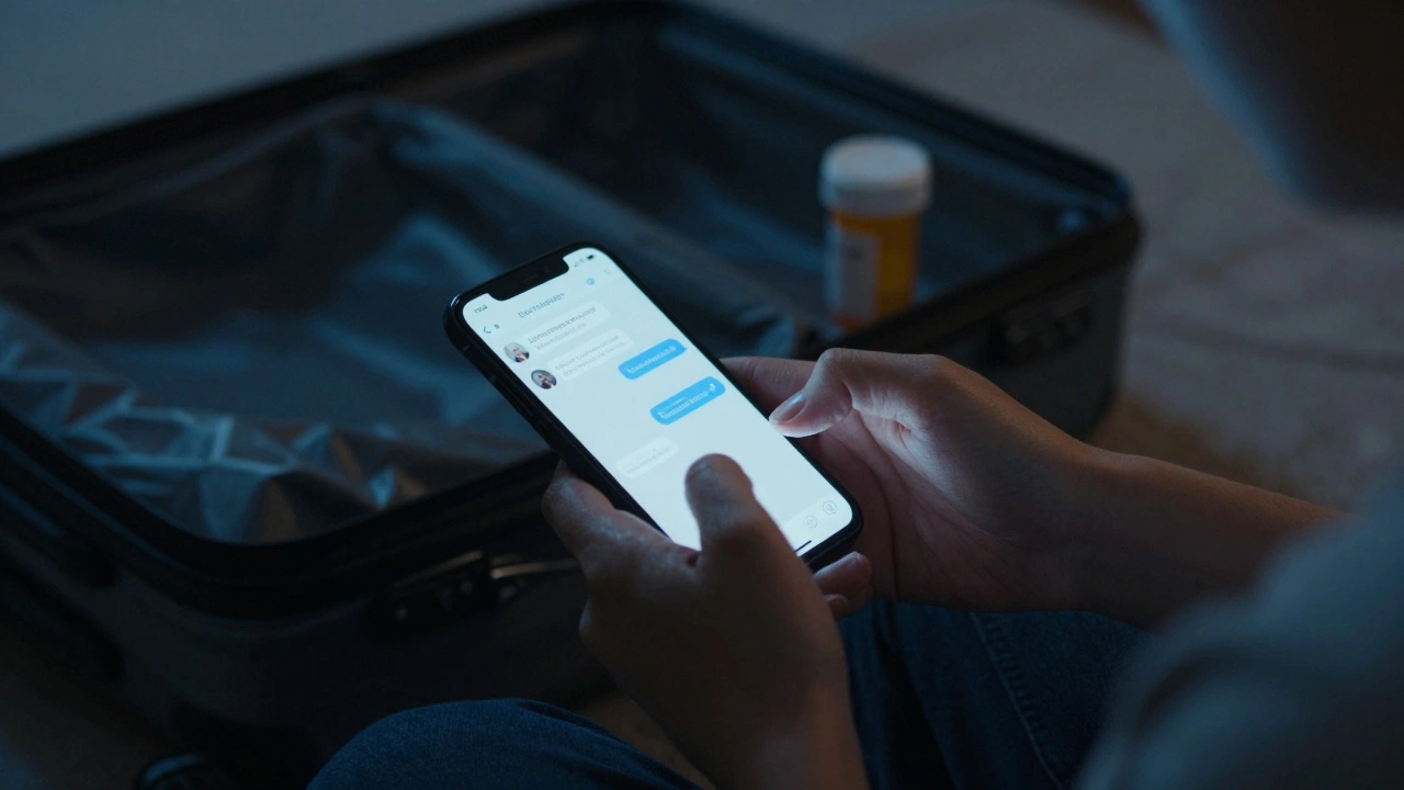 Руки женщины печатают на телефоне в темной комнате, на экране — сообщения в Telegram.