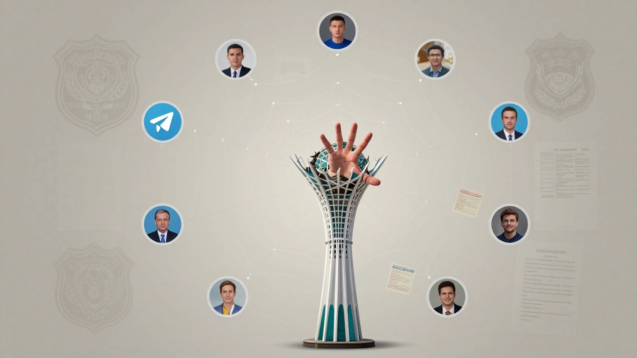 Сетевая паутина из Telegram-аватарок, формирующая памятник Байтерек, одна рука пытается вырваться.