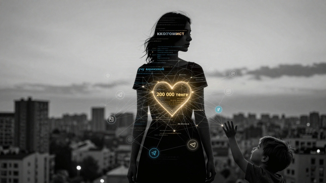 Силуэт женщины, составленный из слов из анкет, рассеивающийся в цифровую сеть, с силуэтом ребенка на заднем плане.