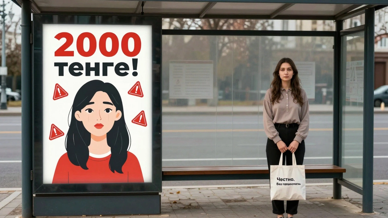 Сравнение фейковой рекламы с дешевой ценой и реальной женщиной на остановке, честно предлагающей услуги.