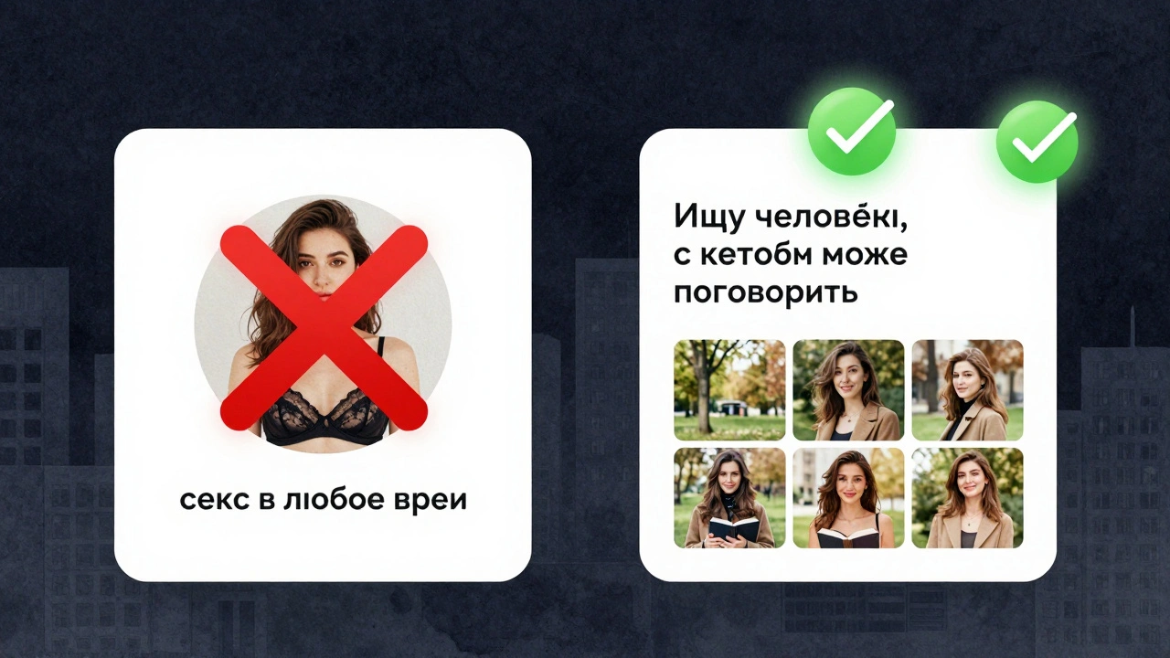 Сравнение отклонённой и одобренной анкеты на сайте Kyzdar.kz: сначала откровенные фото, потом естественные снимки и искренний текст.