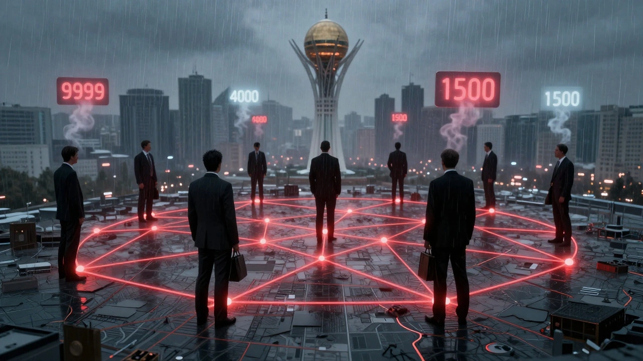 Теневая сеть в городе: силуэты людей и цены, соединенные светящимися линиями на карте.