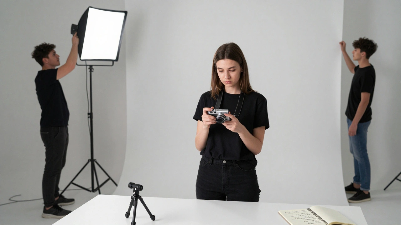 Женщина фотографируется в арендованной студии, помощник настраивает свет, на полу — блокнот с шаблонными фразами.