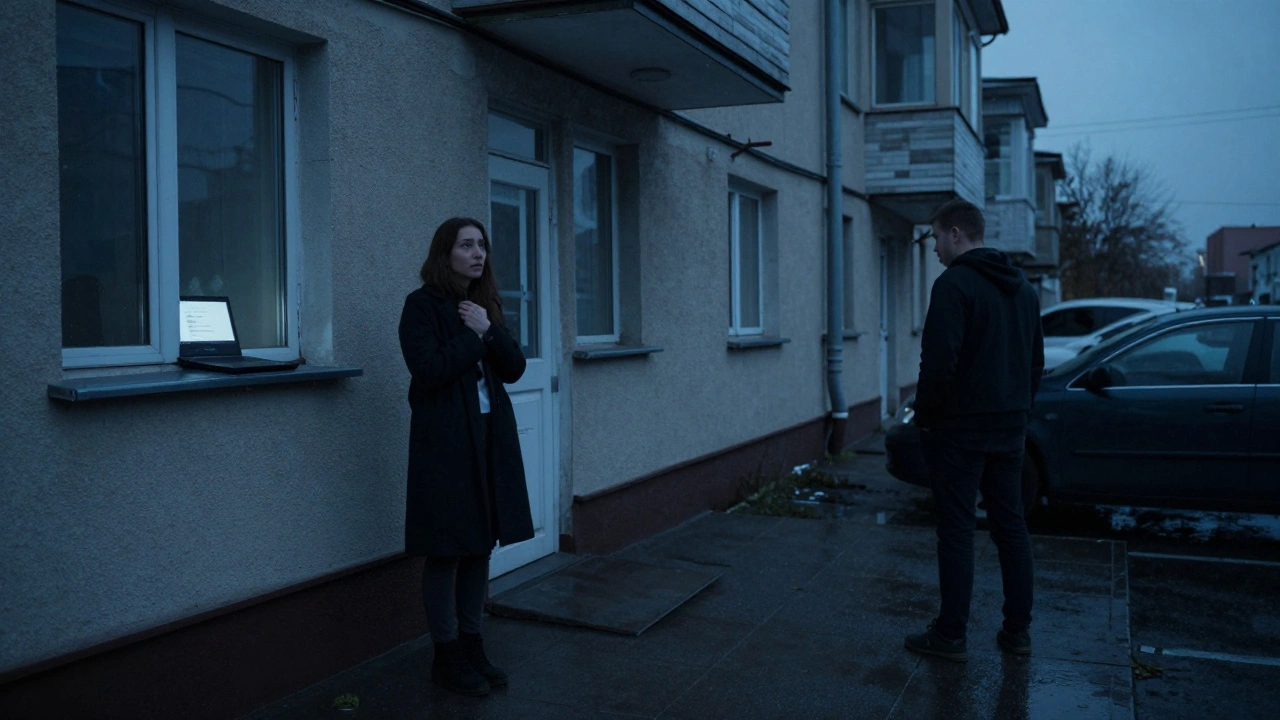 Женщина на улице в Астане осторожно смотрит на мужчину в тени, за окном виден экран с ВКонтакте.