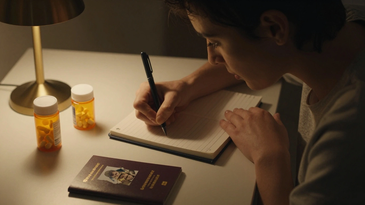 Женщина пишет в блокноте при свете свечи, рядом пустые флаконы и паспорт с мужским именем.