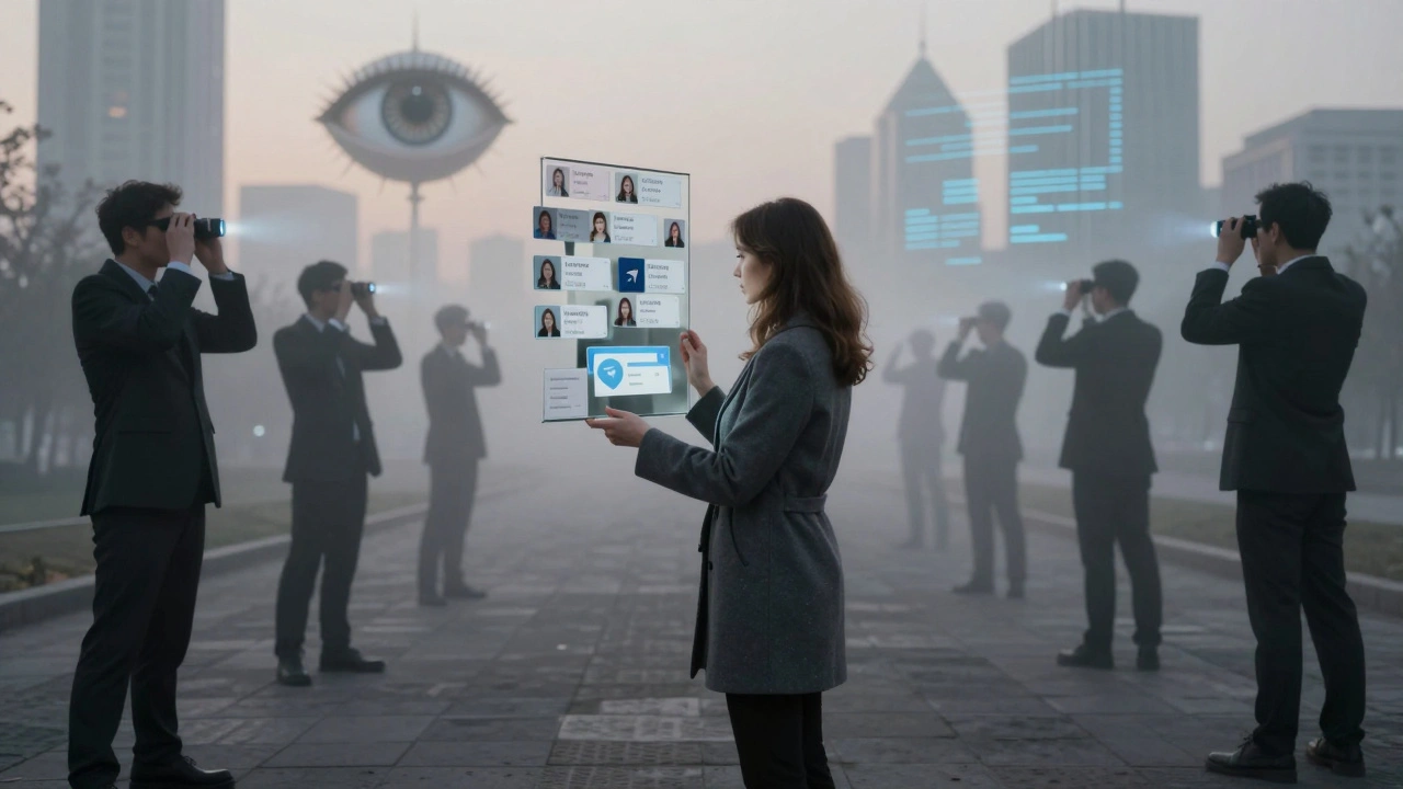 Женщина смотрит в зеркало, отражающее множество Telegram-анкет с ее лицом, вокруг — тени наблюдателей и ИИ-глаз.