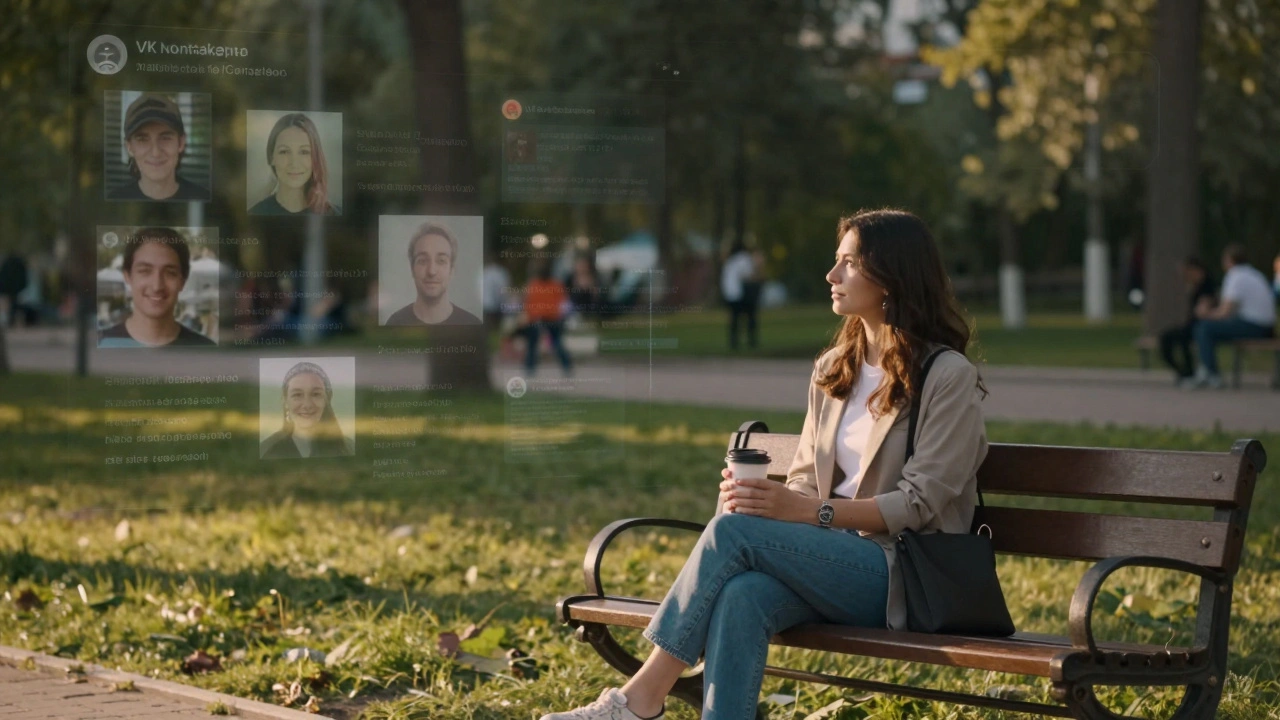 Женщина в парке с кофе, вокруг — призрачные отсылки к скрытым профилям в социальной сети.
