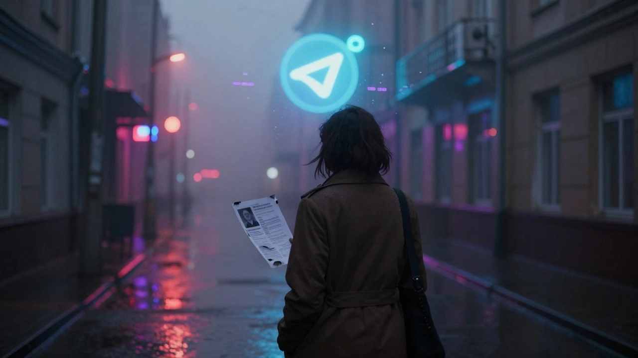 Женщина в туманном переулке Астаны держит обрывок листовки с анкетой, позади — растворяющийся логотип Telegram.