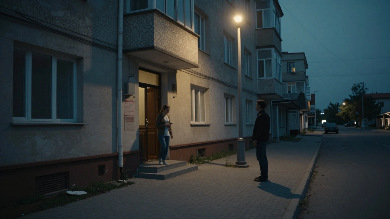 Женщина встречает клиента на тихой улице в районе Кайыр, вечернее освещение, без агентов.