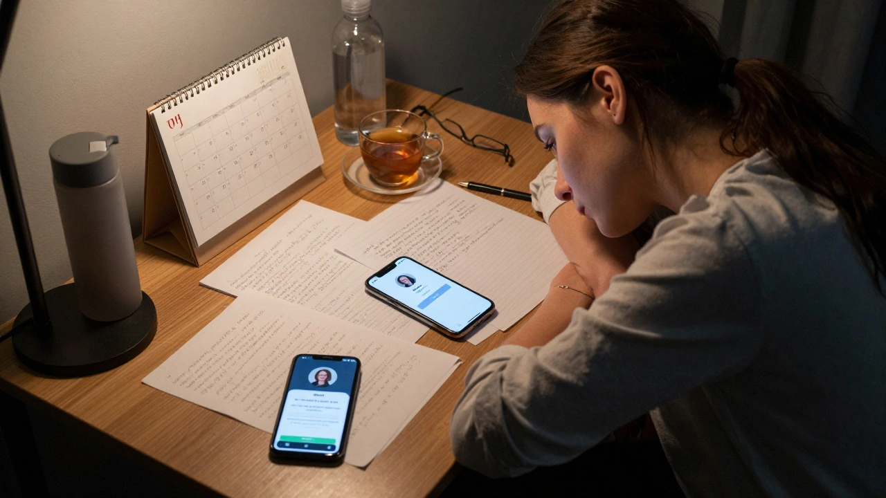 Женщина за столом с заметками и несколькими телефонами, переписывающая профили для обхода блокировок.