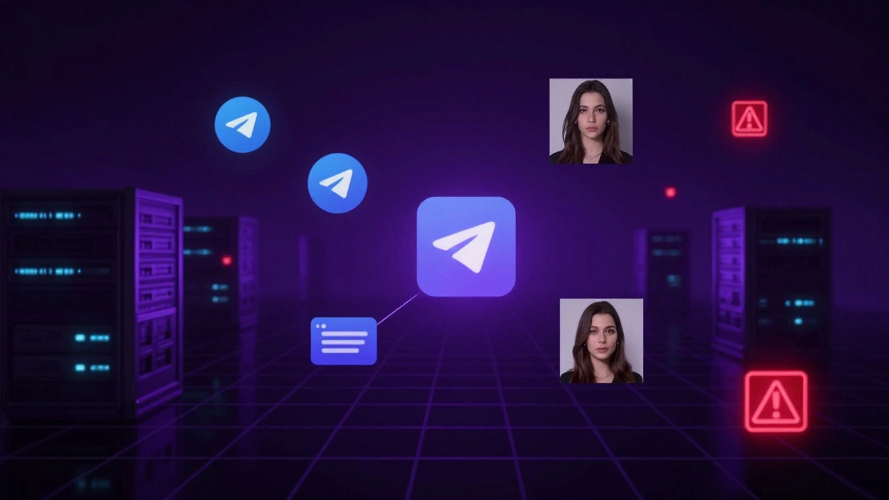 Абстрактная цифровая сеть из Telegram, платежей и фейковых фото в стиле киберпанк.