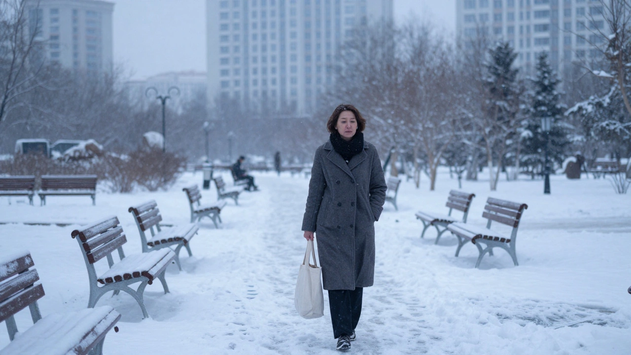Бывшая учительница гуляет одиноко в снежном парке Астаны на рассвете, выражение лица — усталость и спокойствие.