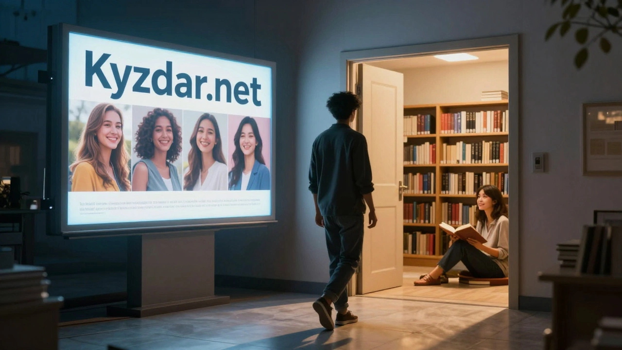 Человек уходит от рекламы Kyzdar.net к открытым дверям библиотеки, где мягкий свет и реальные люди читают книги.