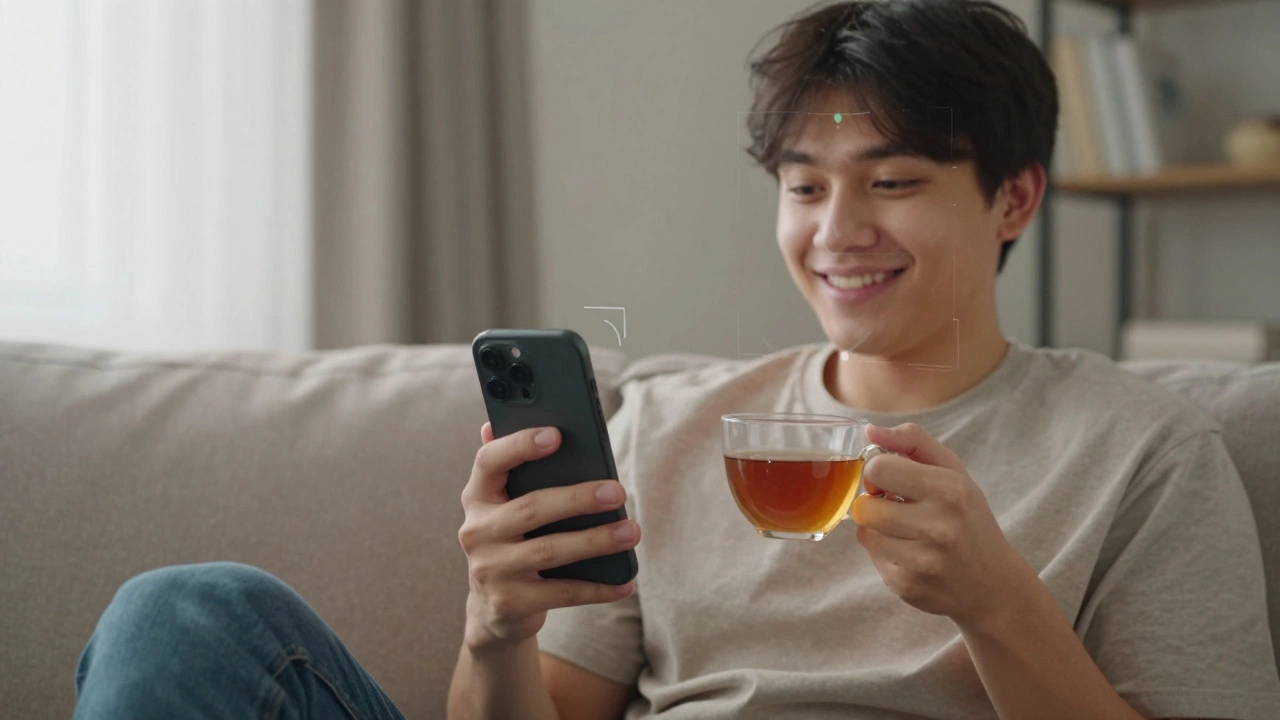 Человек записывает видео-верификацию на телефоне в уютной обстановке, с естественным светом и спокойным выражением лица.