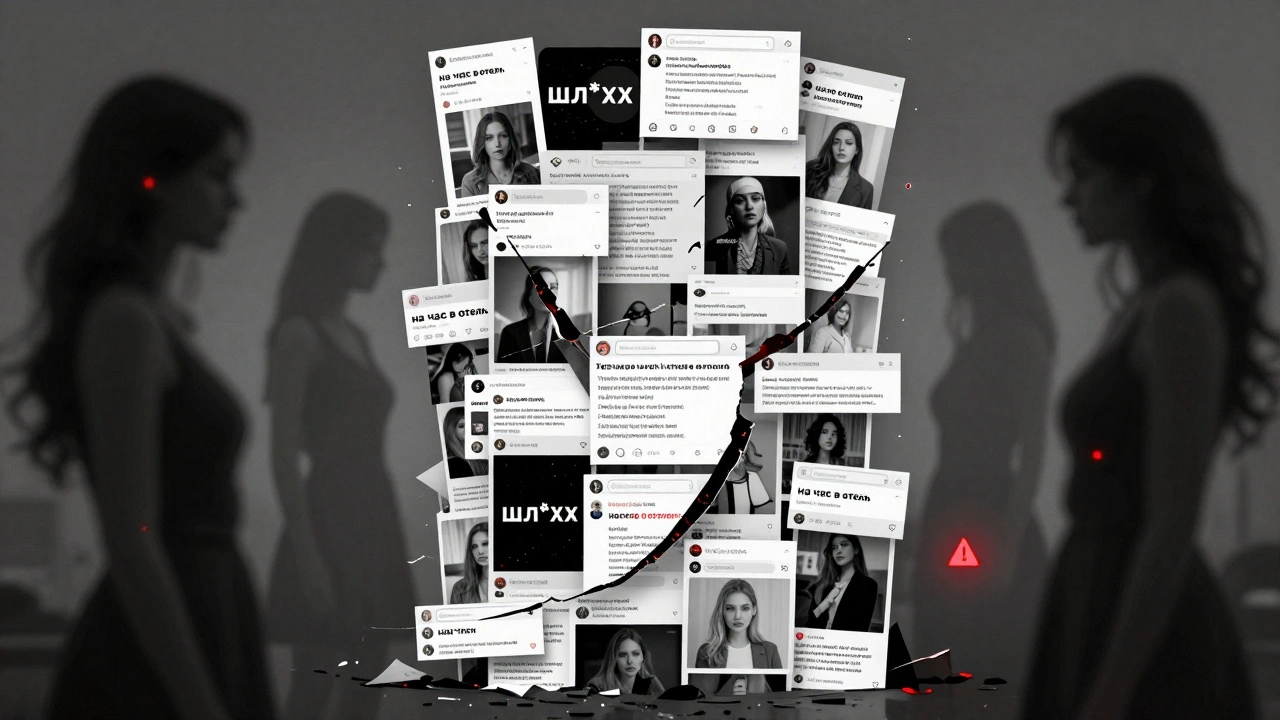 Цифровой каталог, состоящий из оскорбительных слов, разрушающийся на фоне затухающих силуэтов женщин.