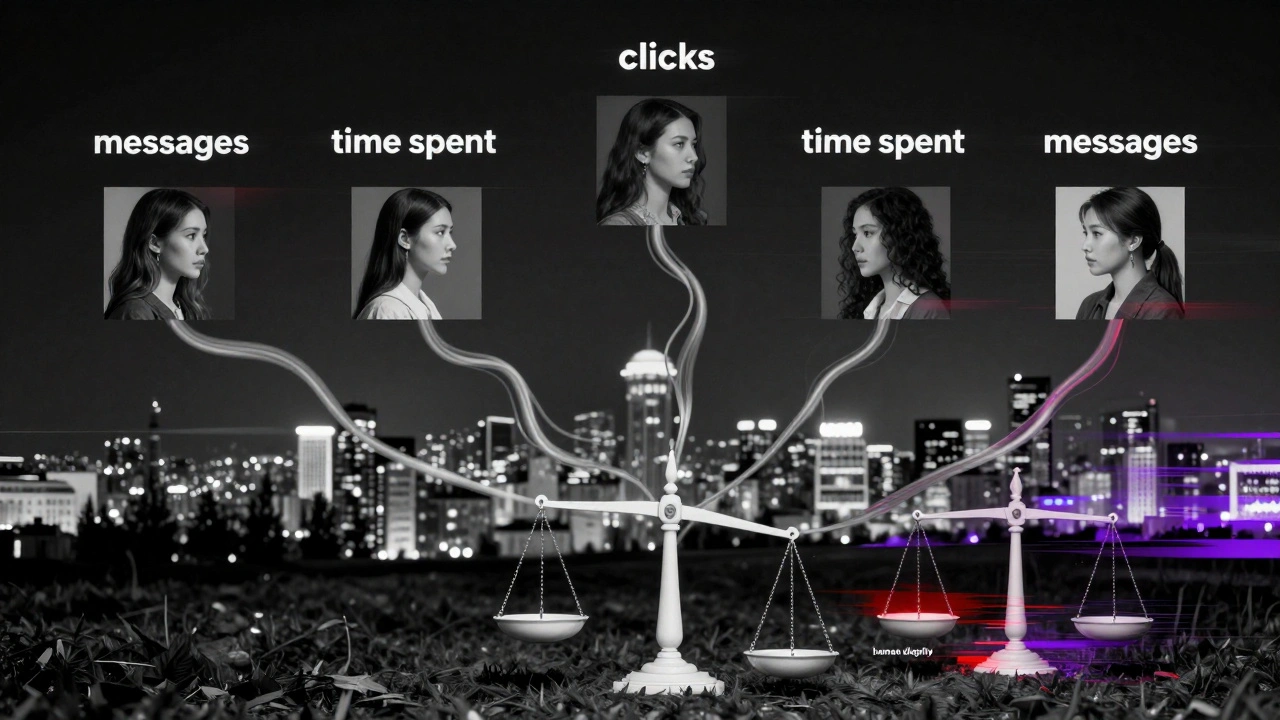 Цифровой ландшафт, где анкеты женщин поднимаются вверх по алгоритмическим нитям, а весы показывают потерю человеческого достоинства.