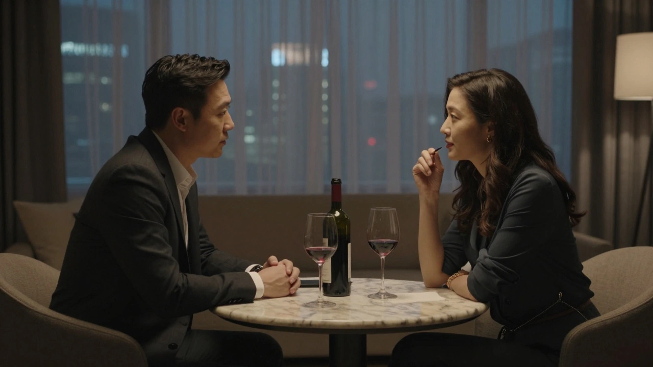 Два человека за вином в отельном номере, тихий разговор, атмосфера утонченности.