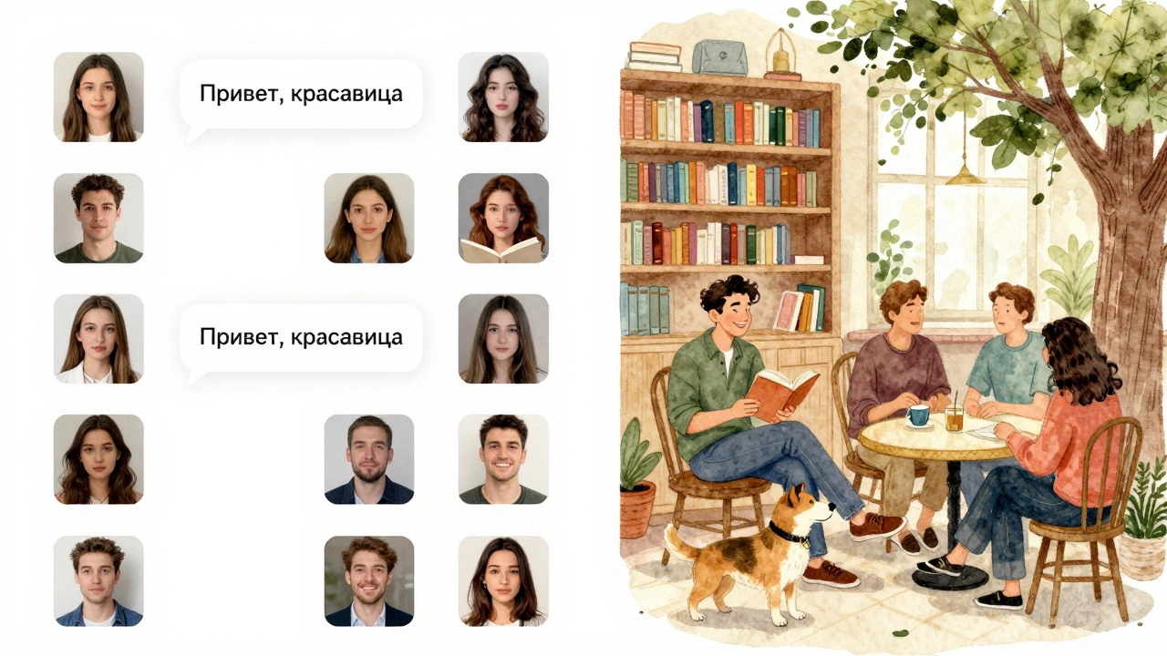 Два мира: слева — фейковые профили с шаблонными фото, справа — реальные люди в библиотеке, кафе и парке, теплые тона.