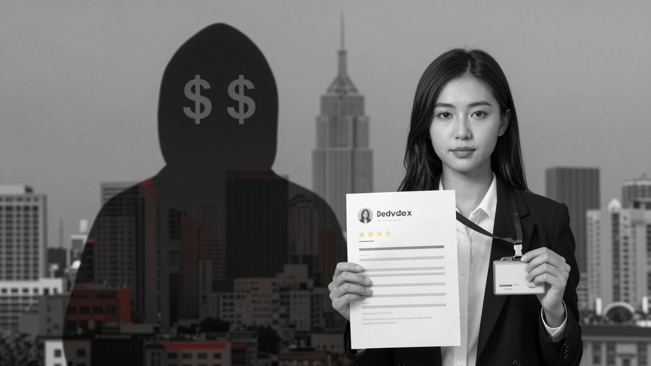 Двойная экспозиция: тень мошенника и реальная женщина с проверкой — выбор между опасностью и безопасностью.