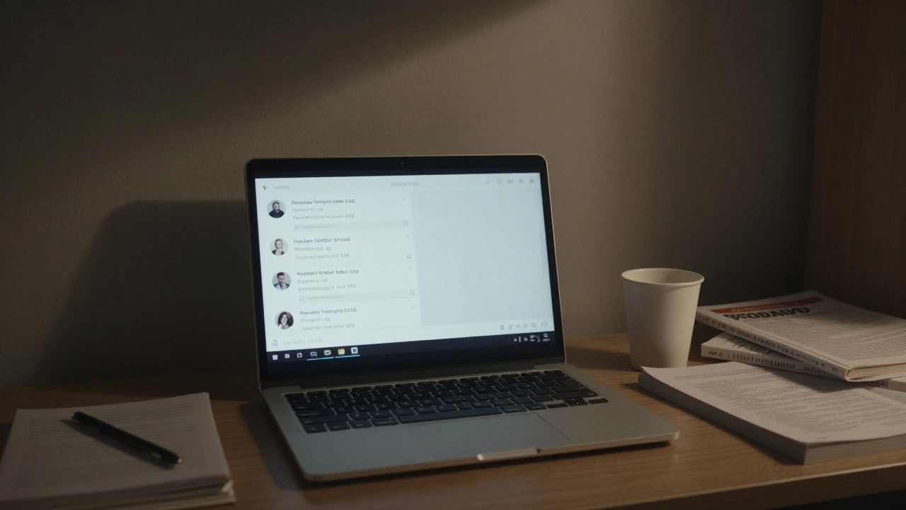 Экран ноутбука с анонимными текстовыми анкетами в Telegram, комната общежития, рассеянный свет.