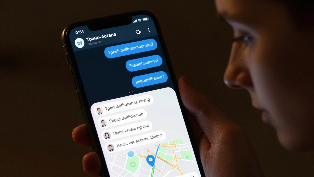 Экран телефона с чатом Транс-Астана в темной комнате, мягкий свет подсвечивает лицо человека.