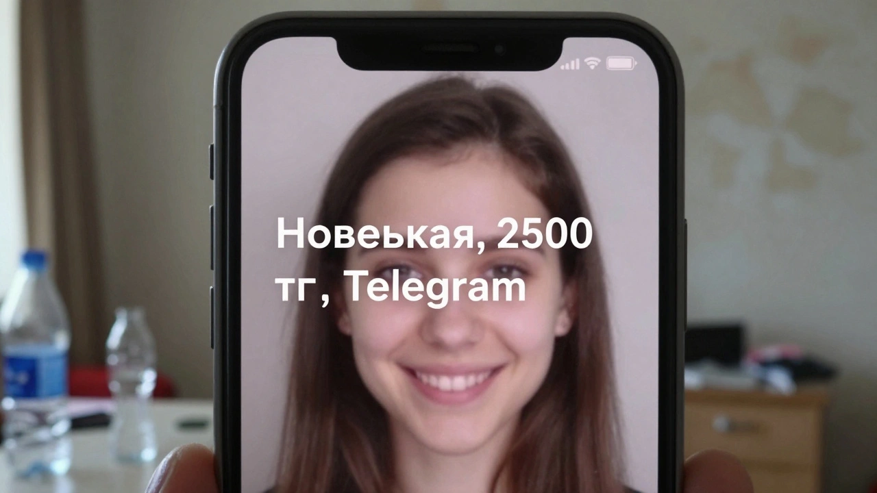 Экран телефона с объявлениями о секс-услугах в Астане, с плохим качеством фото и ошибками в тексте.