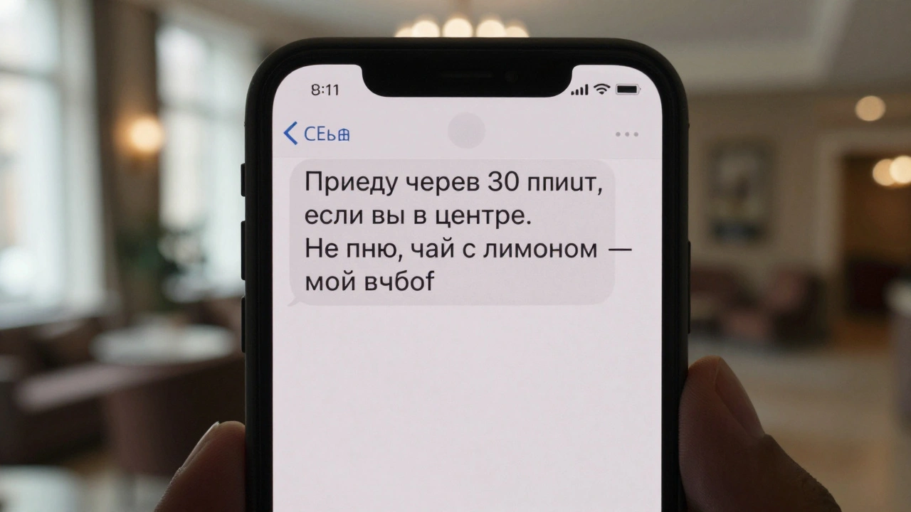 Экран телефона с сообщением о встрече: &#039;Приеду через 30 минут, чай с лимоном&#039;, виден силуэт отеля за окном.