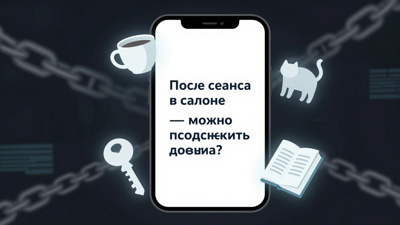 Экран телефона с таинственным сообщением и символами: чашка, кот, книга — скрытые намёки.