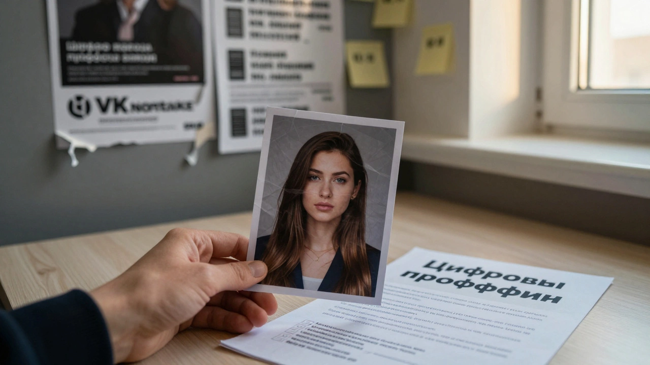 Фотография девушки рядом с листовкой о помощи в трудоустройстве, на фоне — обрывки рекламных объявлений.