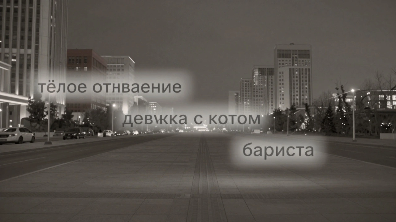 Фрагменты текста в виде призрачных слов парят над современным городом, символизируя скрытую лексику.