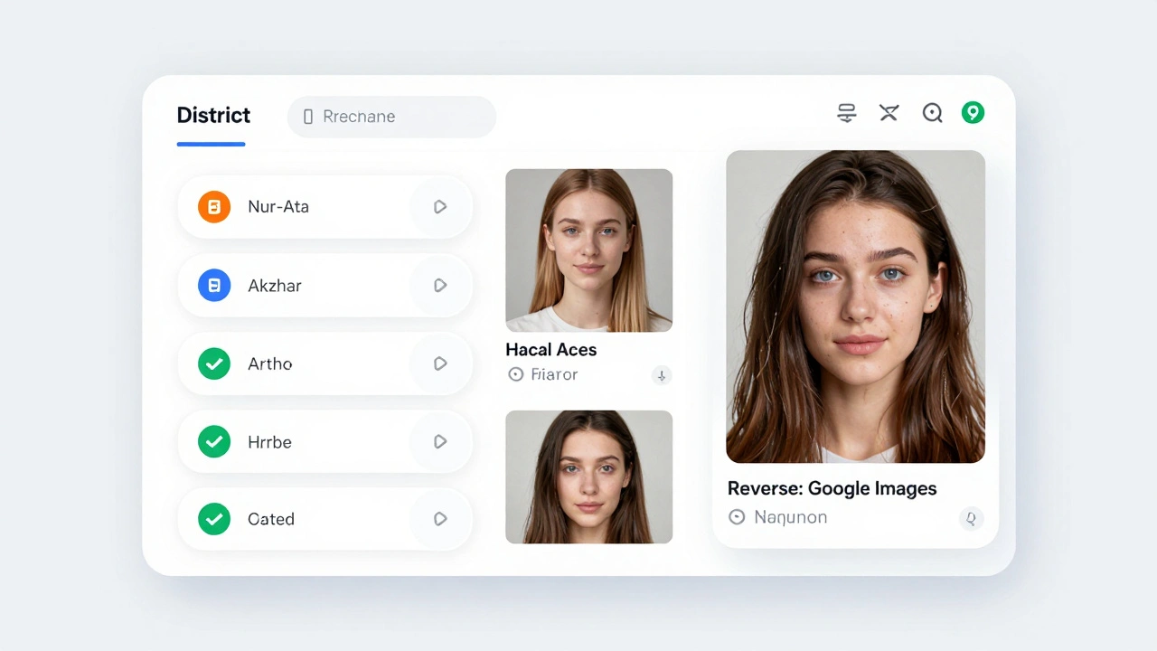 Интерфейс каталога с фильтрами и реальными фото, одно из которых проверяется через Google Images.