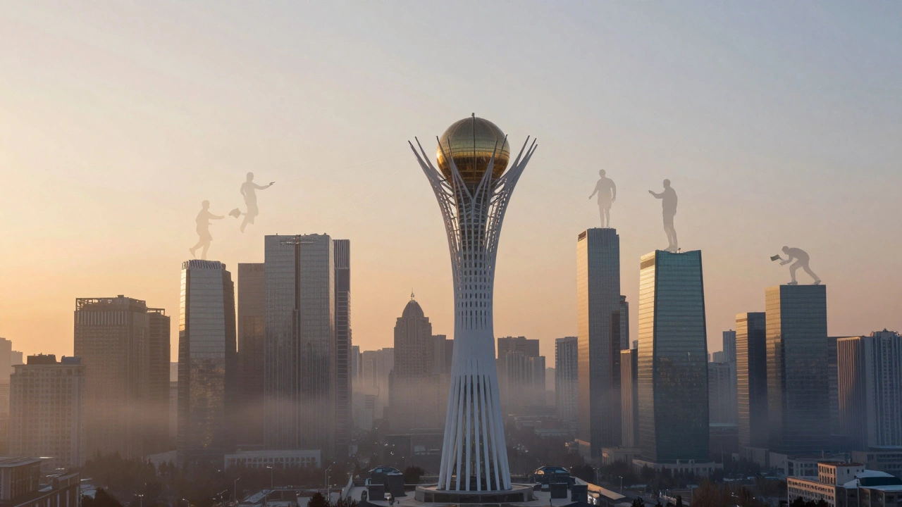 Концептуальный вид Астаны на рассвете: прозрачные силуэты людей соединены хрупкими световыми нитями.