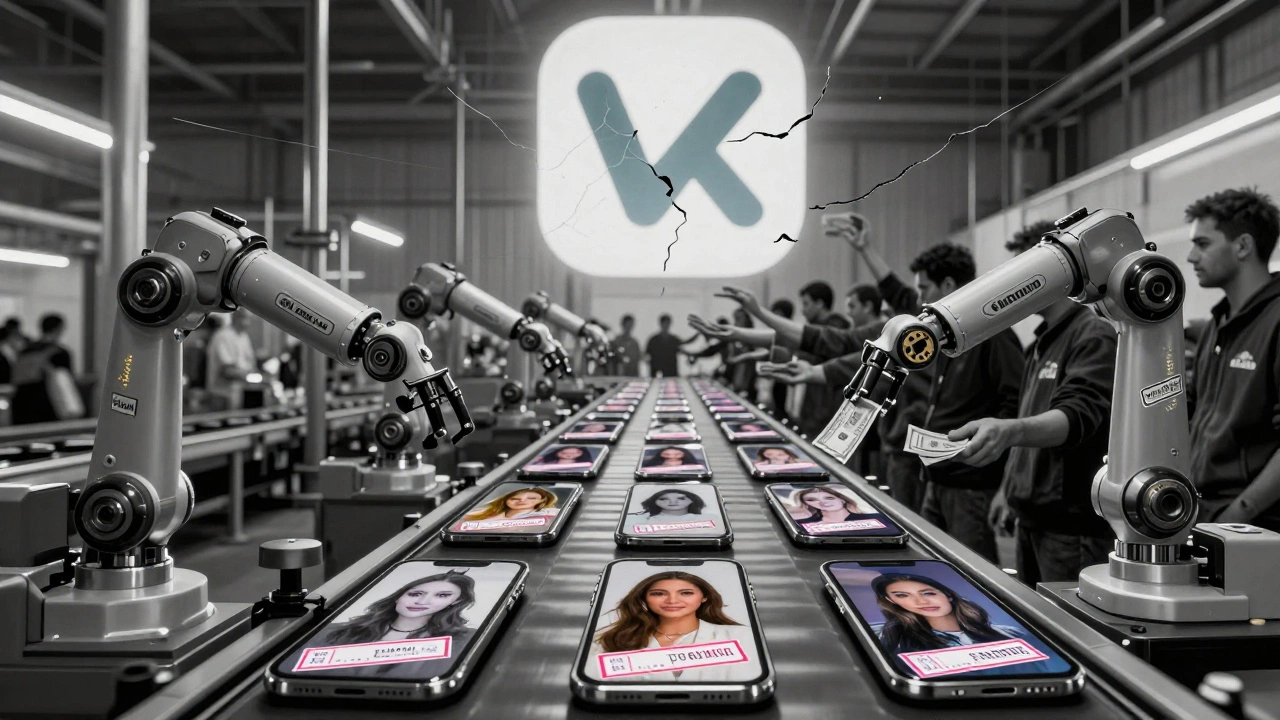 Конвейер из телефонных экранов с фото девушек, где роботы удаляют водяные знаки, а люди тянутся за деньгами.