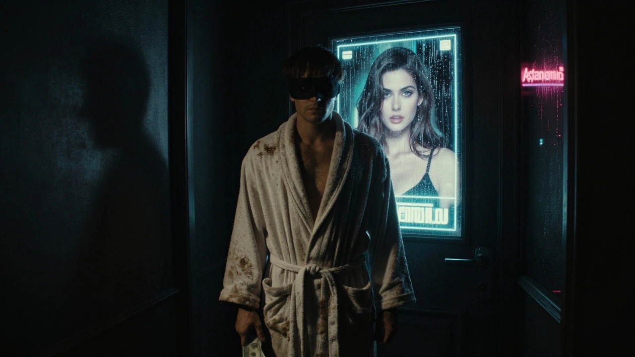 Маскированный мужчина в халате держит деньги, за его спиной мелькает фейковое изображение девушки.